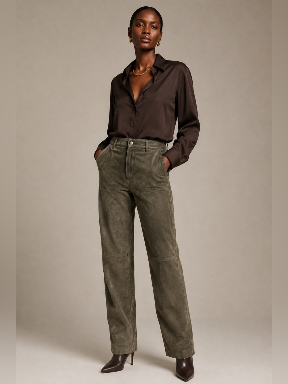 Vintage Alfani 100% Genuine Suede Pants Olive Green Gray Straight Leg Size 16
